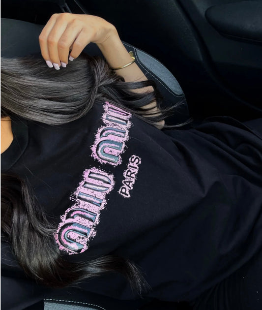 T-SHIRT MIU MIU NOIR AVEC LOGO ROSE