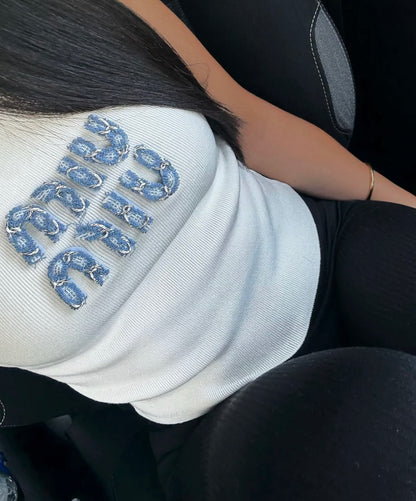MIU MIU WHITE TOP WITH JEAN LOGO